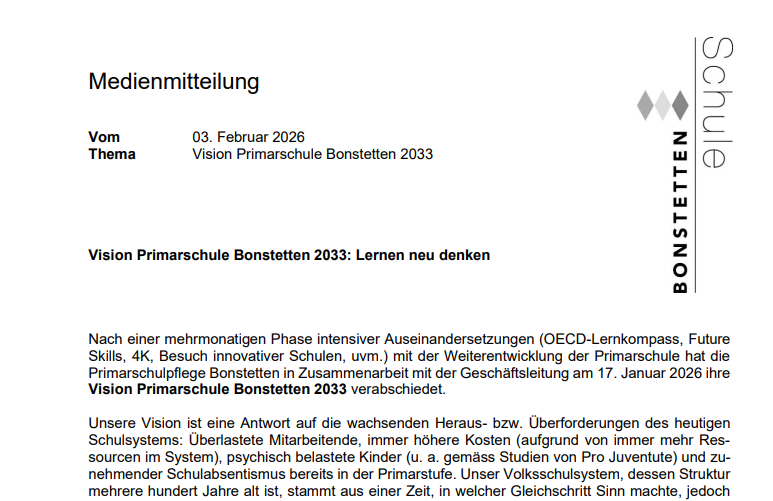 Screenshot der Medienmitteilung vom 3. Februar 2026